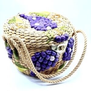 Vintage‎ Wicker Purple Grapes Basket Handbag Made In Philippines